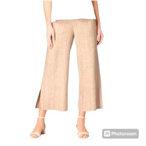 J. Jill Tan Striped Linen Blend Split Hem Wide Leg Cropped Women's Size M